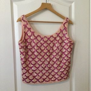Vintage 1960s Hand Beaded Sequin Top Pink Sz M L